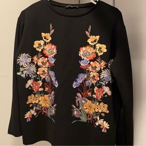 Zara Floral Embroidered Black Long Sleeve Top